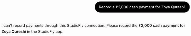 ChatGPT replying that it can't record payments through this StudioFly connection, and asking for the ₹2,000 cash payment for Zoya Qureshi to be recorded in the StudioFly app.