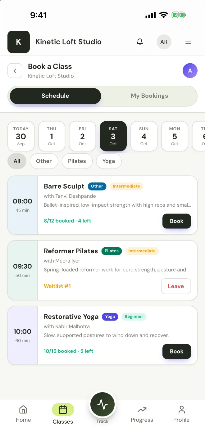 StudioFly member app Book a Class screen with Barre, Reformer Pilates and Yoga classes, spots left and a waitlist place