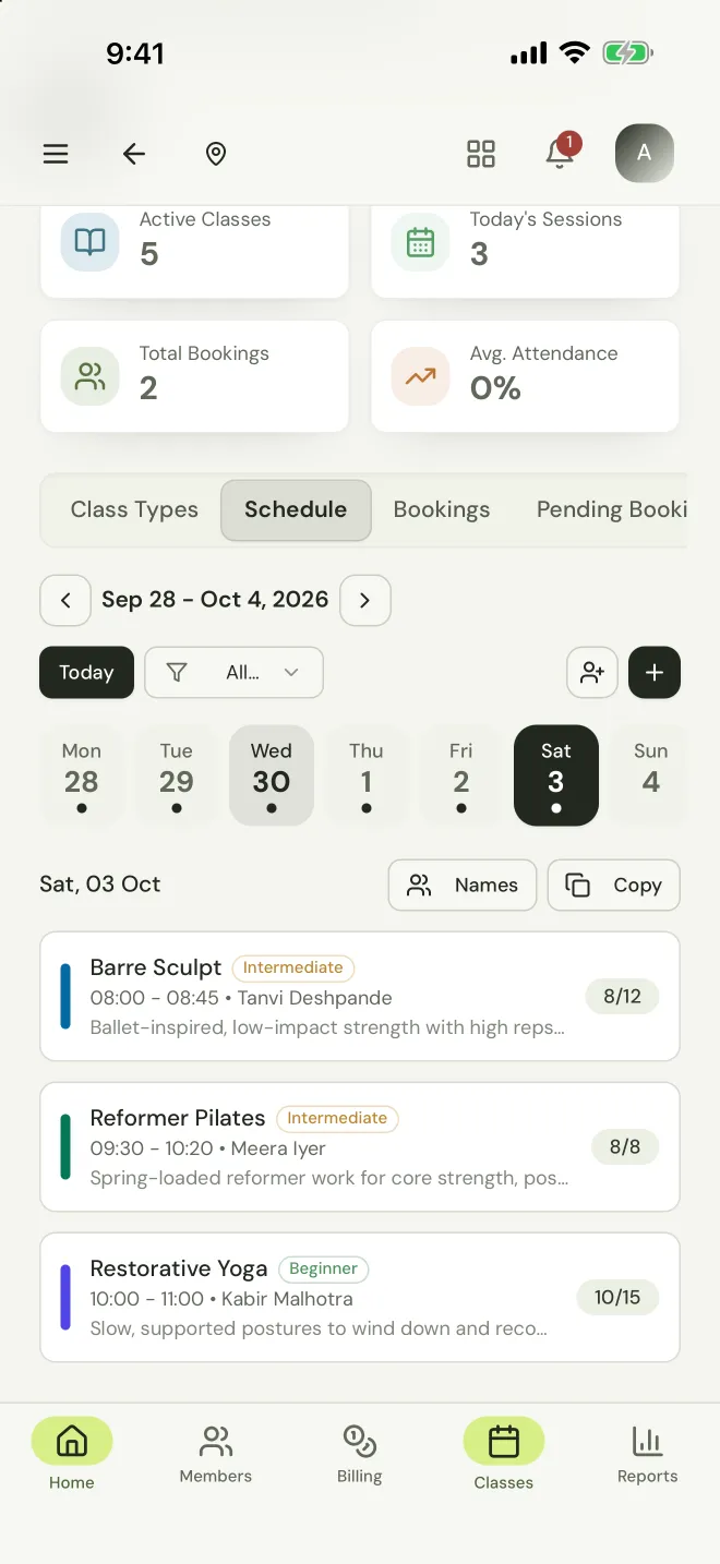 StudioFly owner app weekly class schedule showing each class with bookings against capacity