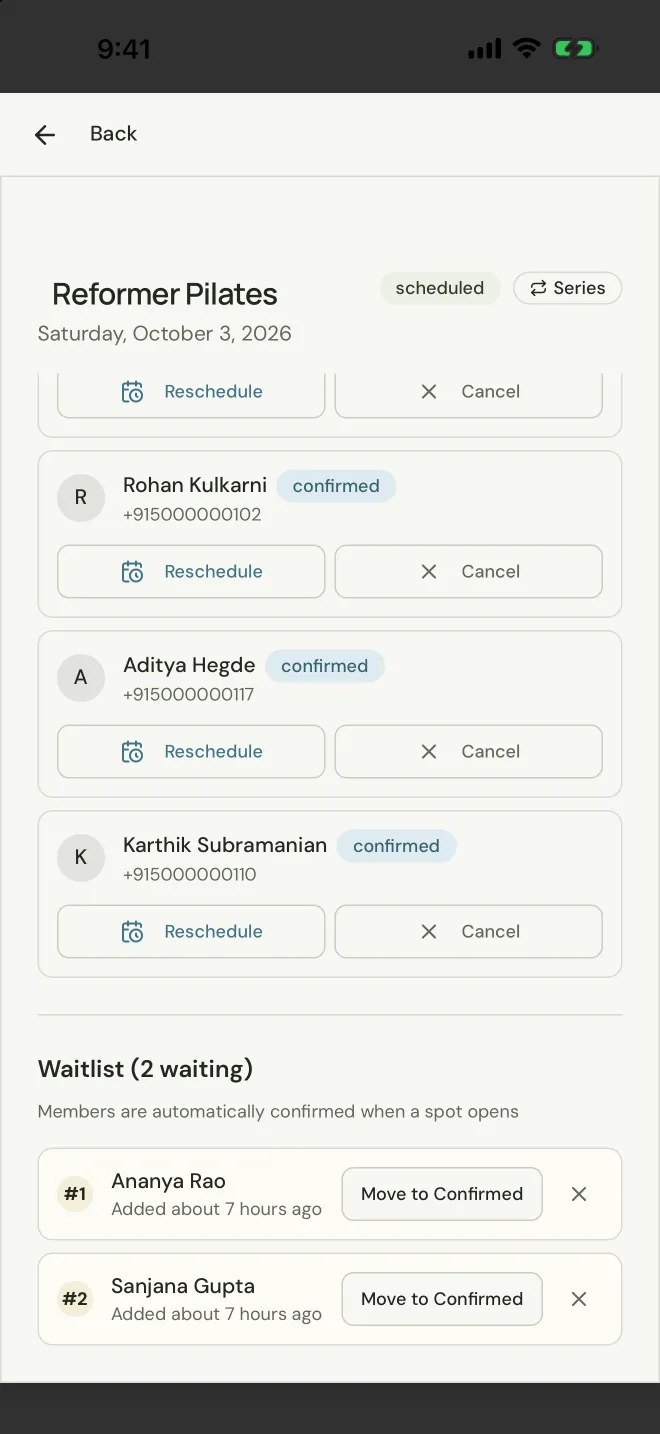 StudioFly owner app class roster for Reformer Pilates with confirmed members and a waitlist of two