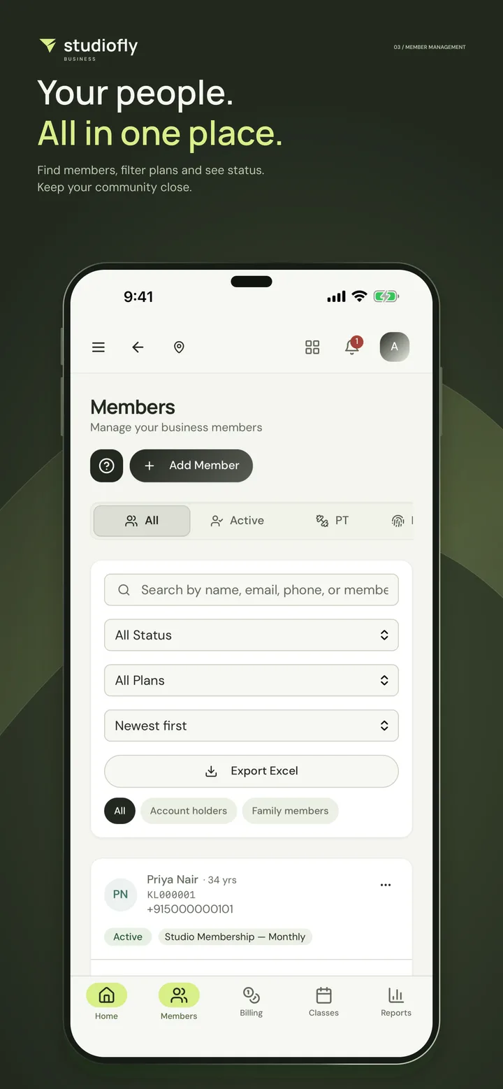 Your people. All in one place. The members list with search and status and plan filters.