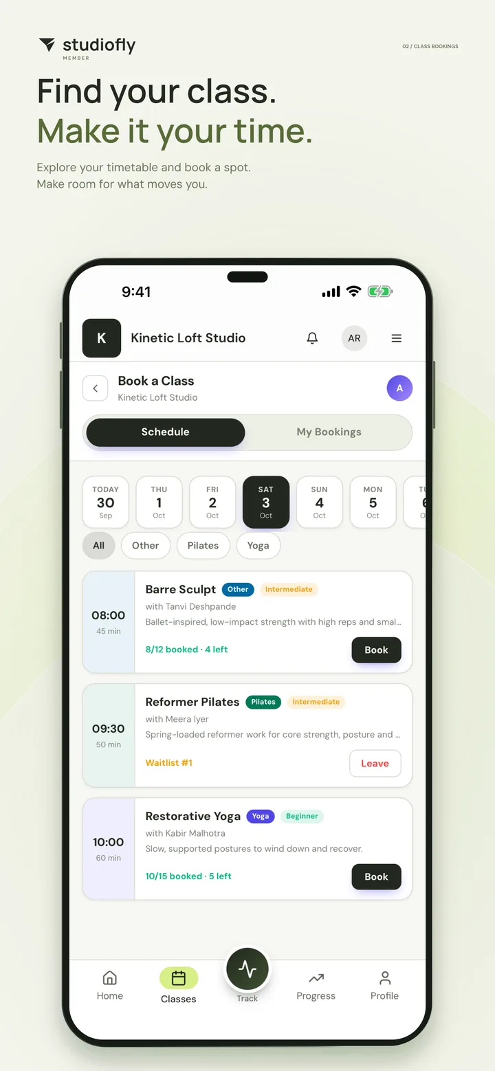 Find your class. Make it your time. The Book a Class screen with spots left and a waitlist place.