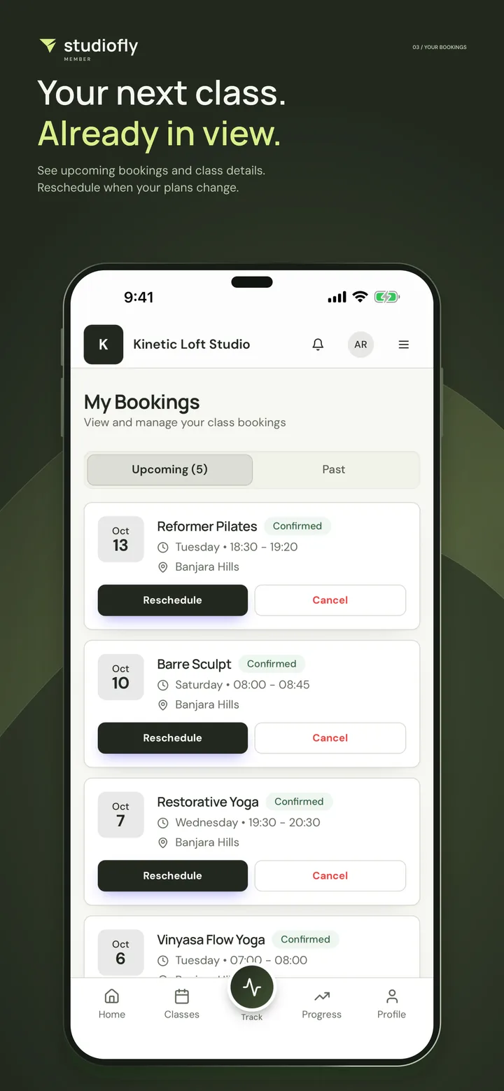 Your next class. Already in view. My Bookings with upcoming classes and Reschedule and Cancel buttons.