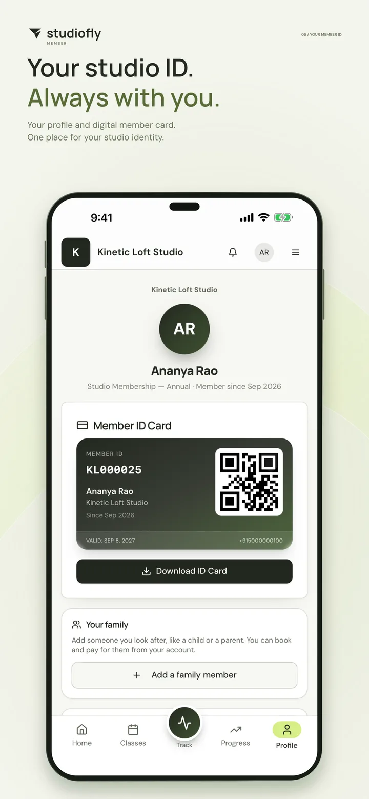Your studio ID. Always with you. The profile with the member ID card, its QR code and the family section.