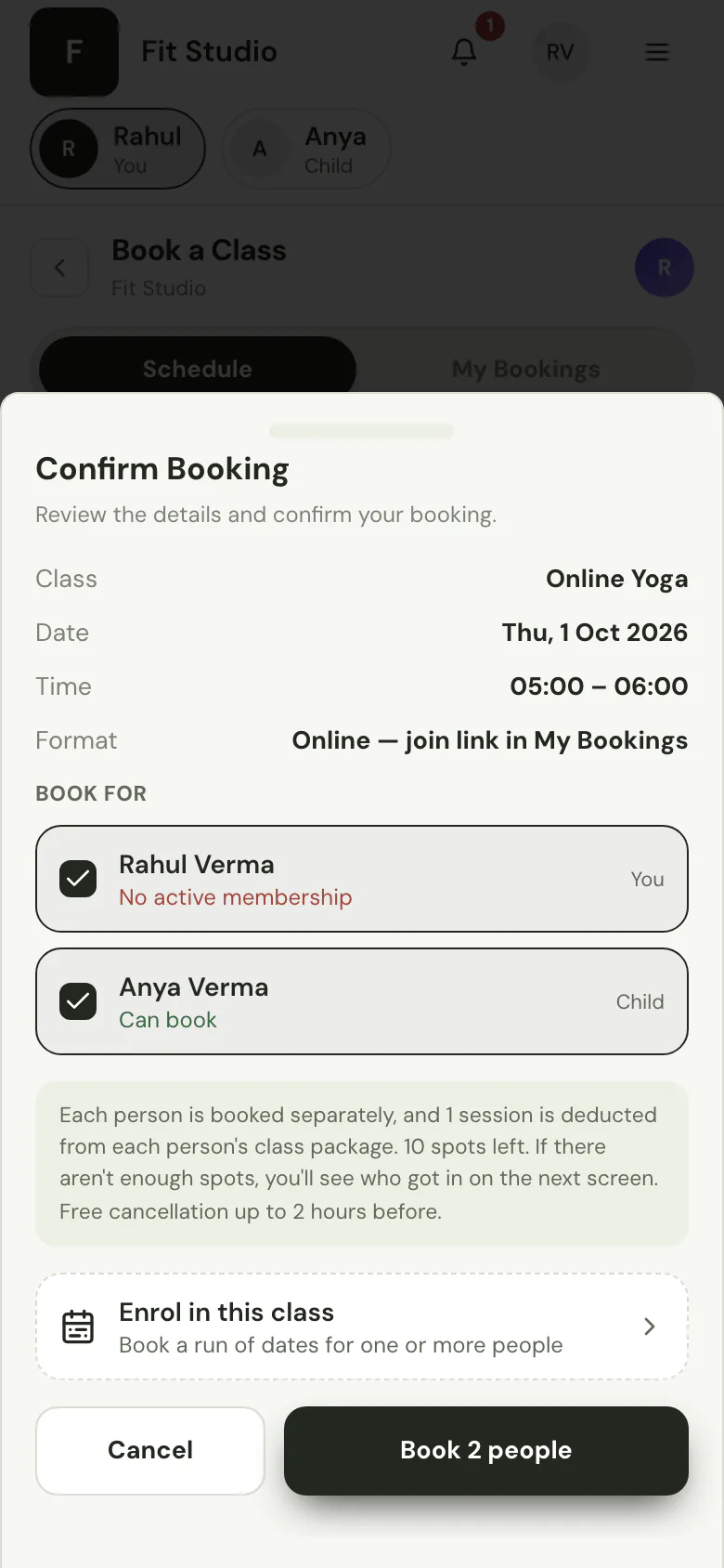 Booking sheet booking a parent and child into one class, each with their own status