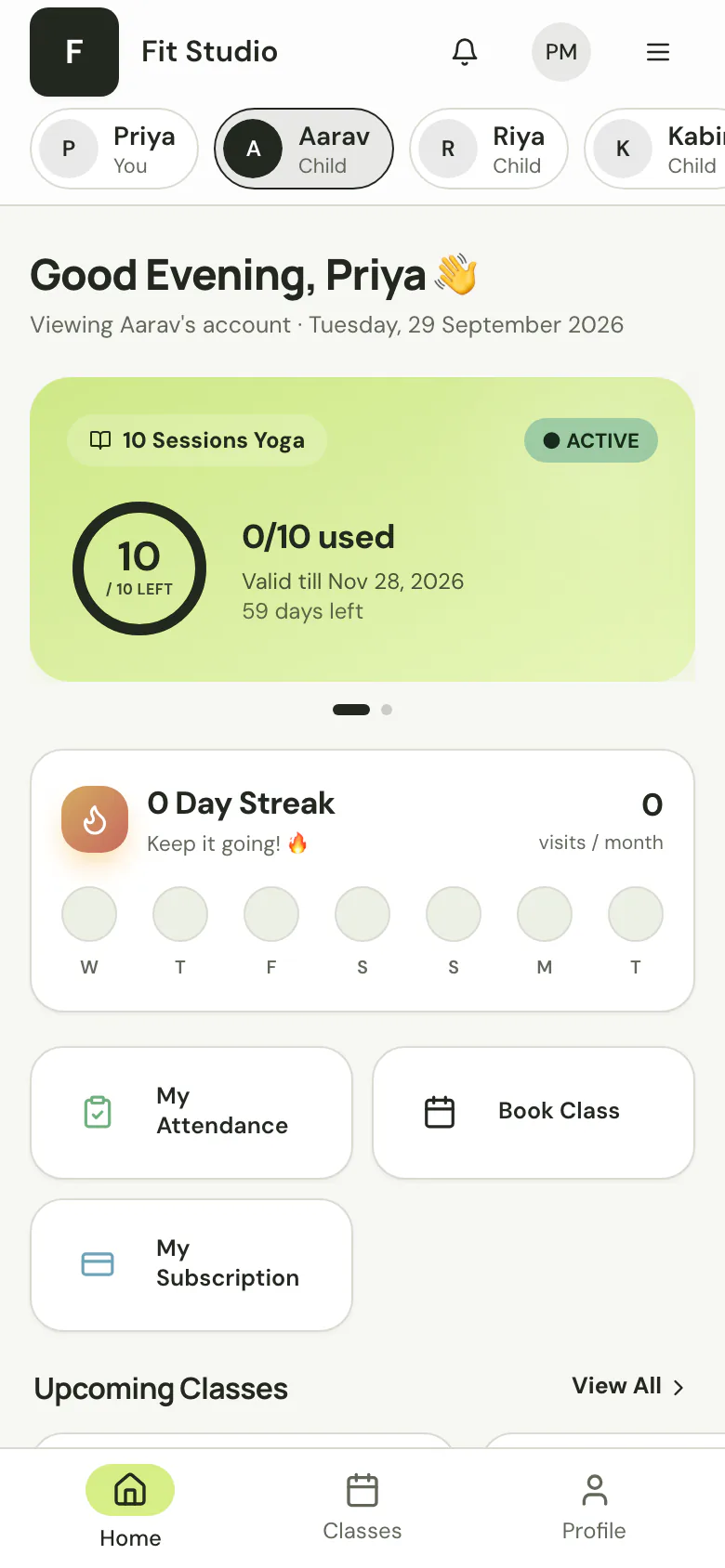 Member app showing a child’s class pack while the parent views their account