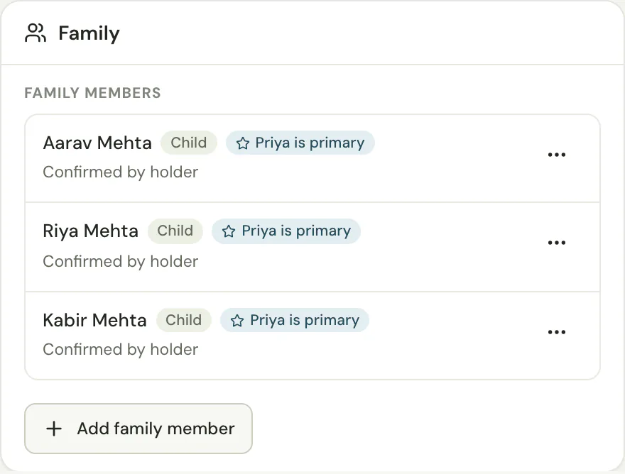Family card on a member profile listing three children and their account holder