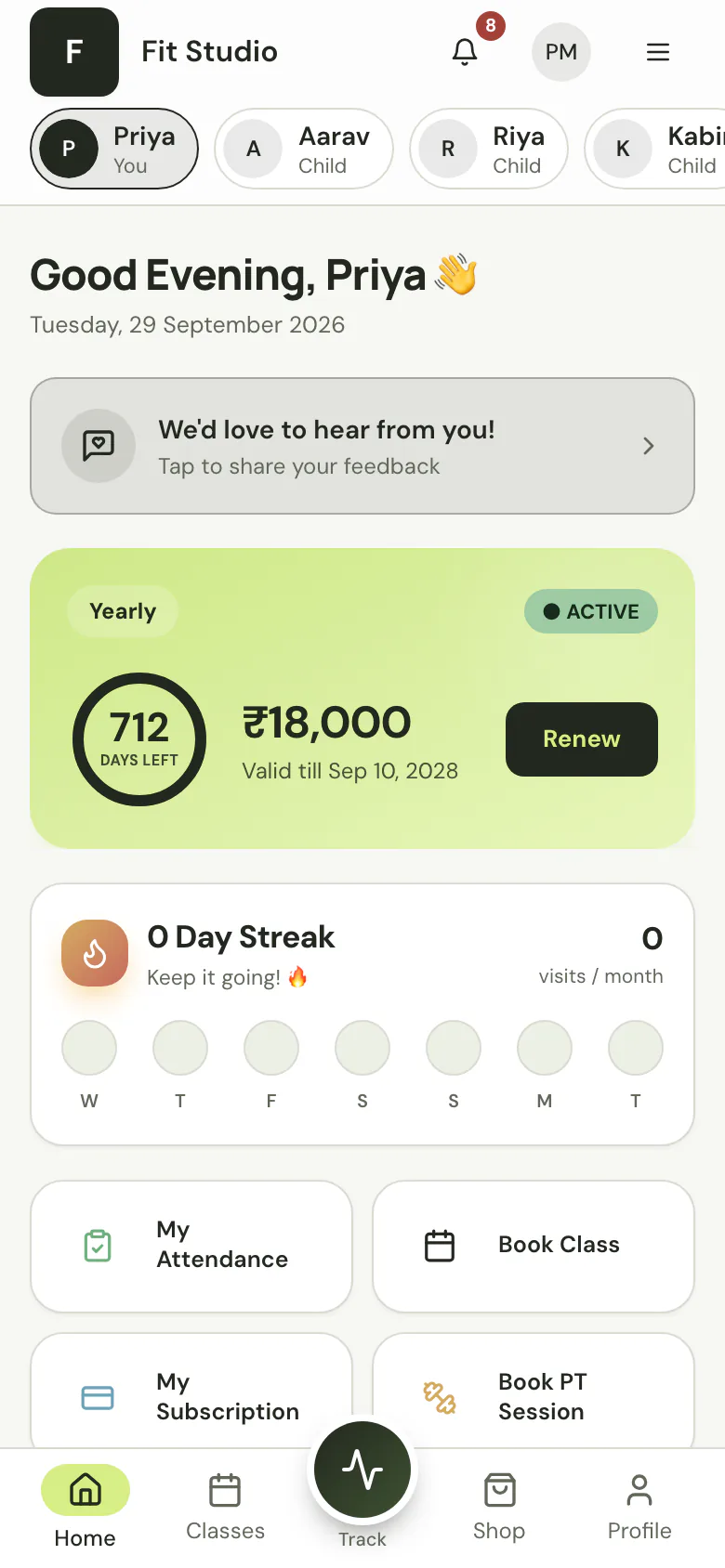 Member app family switcher with the parent and three children