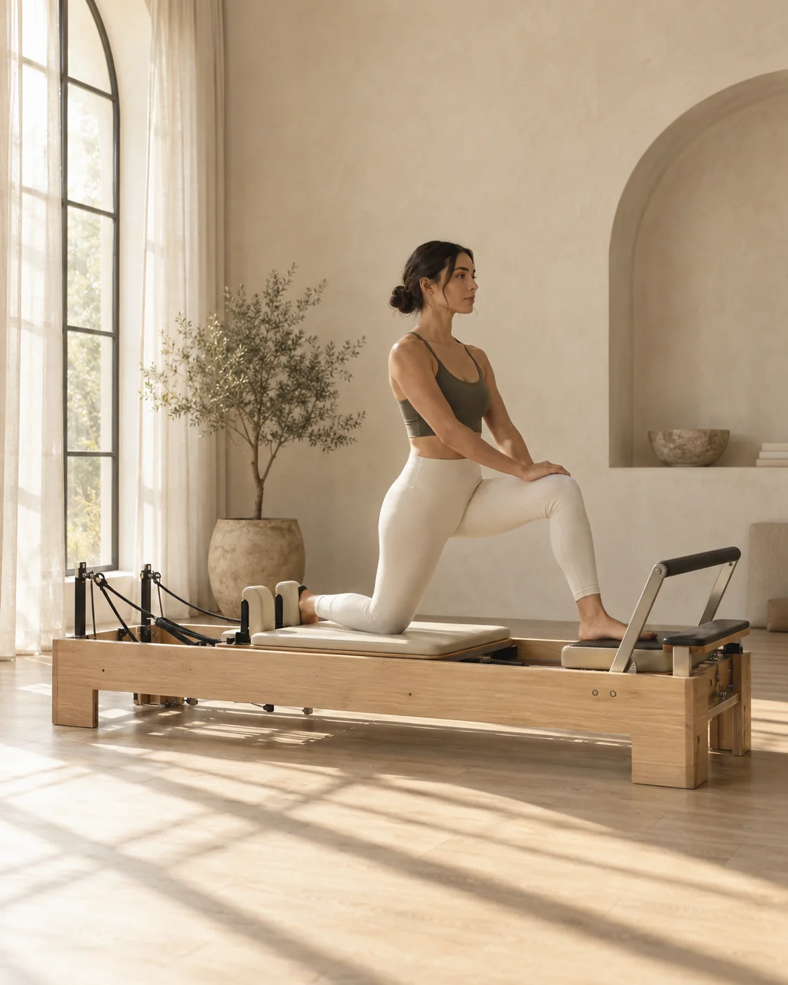 Woman practising Pilates on an oak reformer in a sunlit studio