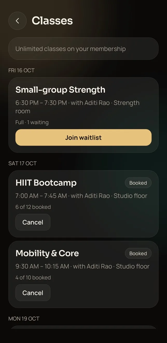 Trainaq shows group classes a client can book, with one full class offering a waitlist.