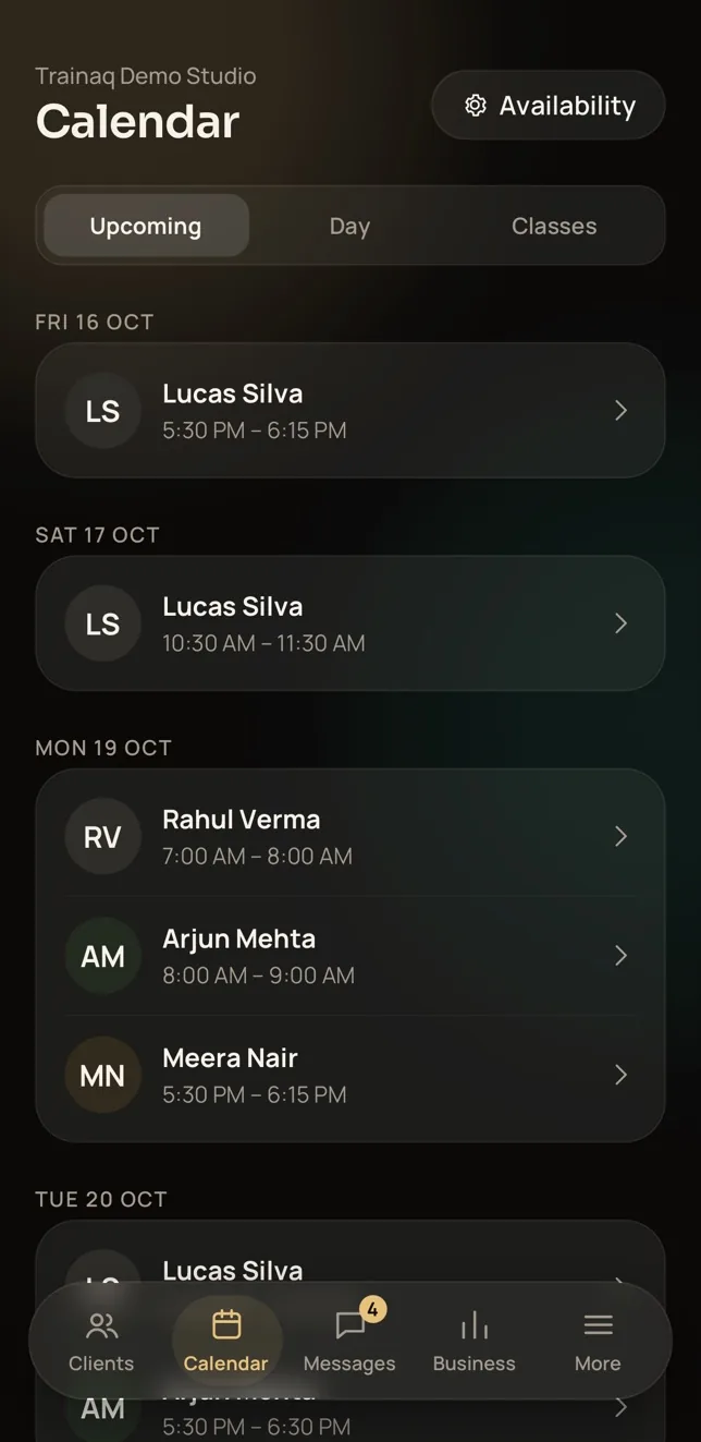 Trainaq Coach's calendar listing a trainer's upcoming 1:1 sessions, grouped by day.