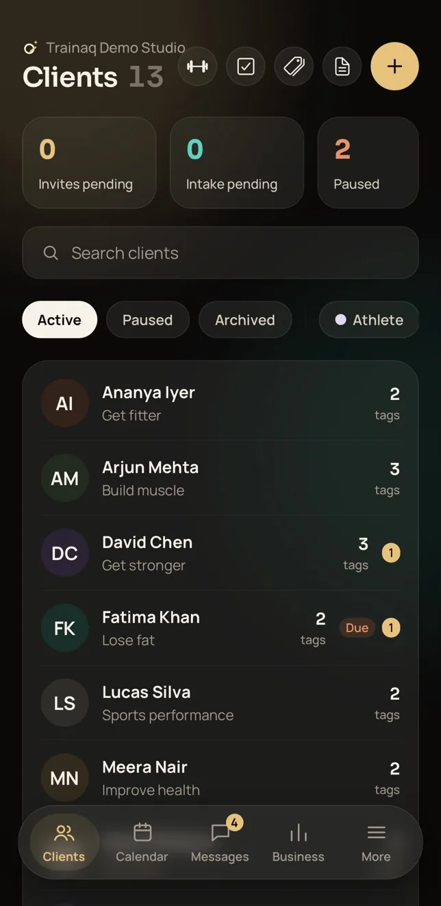 Trainaq Coach's client list showing pending invites, intake forms, paused clients and client tags.