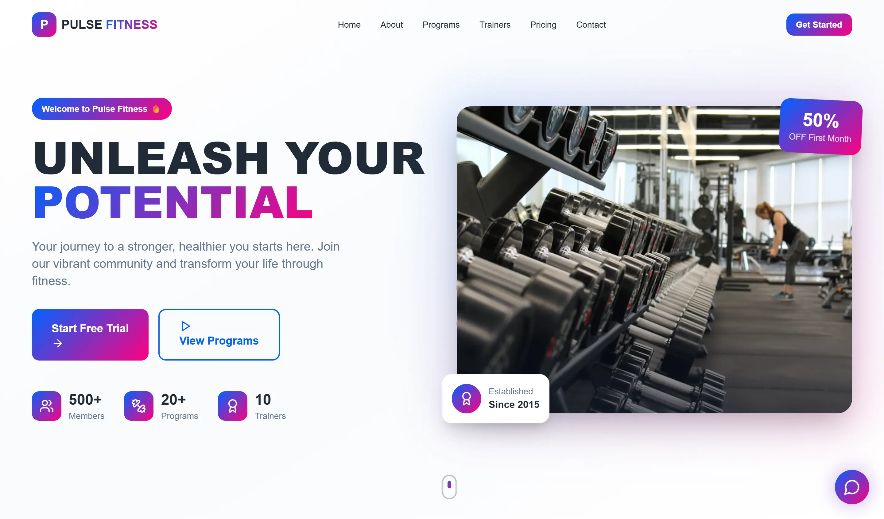 PULSE fitness studio website design, vibrant and energetic